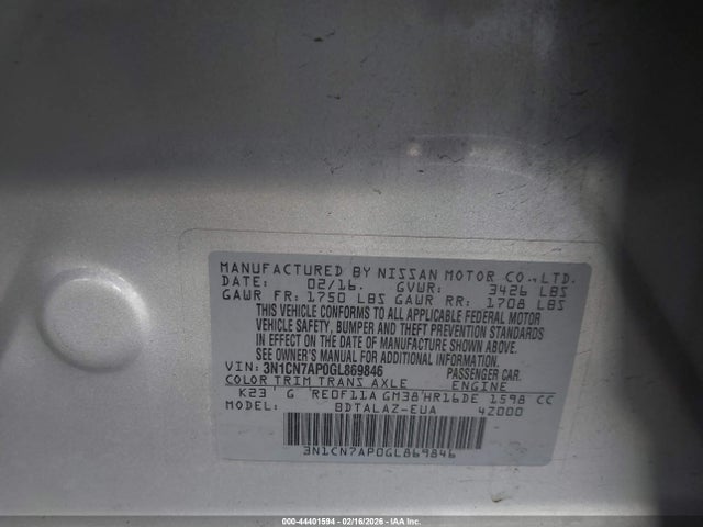 3N1CN7AP0GL869846 Nissan Versa 1.6 S+