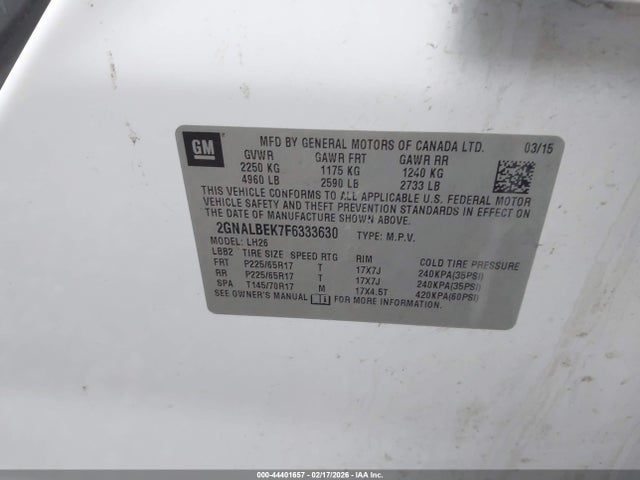 Продаж на аукціоні авто 2015 Chevrolet Equinox 1lt, vin: 2GNALBEK7F6333630, номер лоту: 44401657