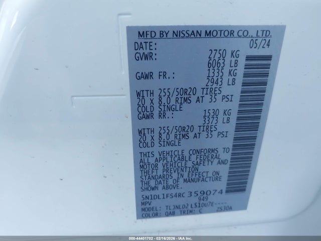 44401702 :رقم المزاد ، 5N1DL1FS4RC359074 vin ، 2024 Infiniti Qx60 Luxe Awd مزاد بيع