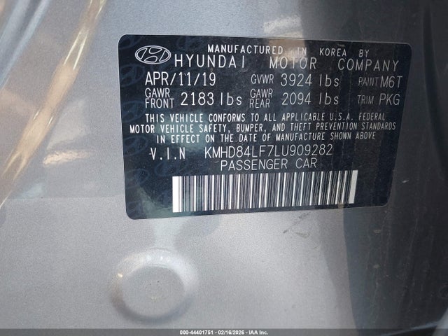2020 Hyundai Elantra Value Edition მანქანა იყიდება აუქციონზე, vin: KMHD84LF7LU909282, აუქციონის ნომერი: 44401751