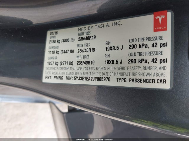 Продаж на аукціоні авто 2018 Tesla Model 3, vin: 5YJ3E1EA2JF005970, номер лоту: 44401772