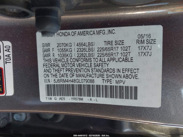 44401812 :رقم المزاد ، 5J6RM4H48GL079088 vin ، 2016 Honda Cr-v Se مزاد بيع