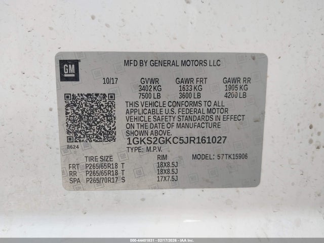 2018 Gmc Yukon Xl Slt მანქანა იყიდება აუქციონზე, vin: 1GKS2GKC5JR161027, აუქციონის ნომერი: 44401831