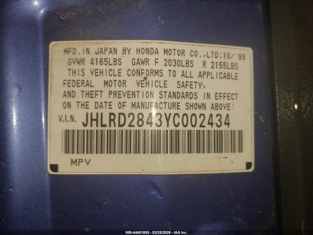 44401855 :رقم المزاد ، JHLRD2843YC002434 vin ، 2000 Honda Cr-v Lx مزاد بيع