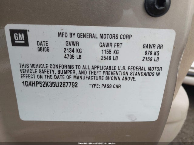 44401870 :رقم المزاد ، 1G4HP52K35U287792 vin ، 2005 Buick Lesabre Custom مزاد بيع