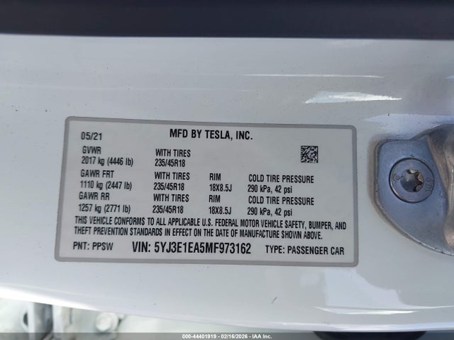 Aukcja sprzedaży 2021 Tesla Model 3 Standard Range Plus Rear-wheel Drive, vin: 5YJ3E1EA5MF973162, numer aukcji: 44401919