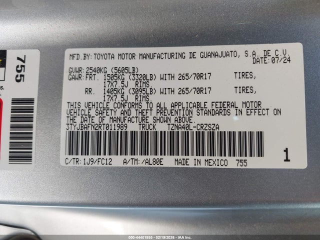 44401955 :رقم المزاد ، 3TYJBAFN2RT011989 vin ، 2024 Toyota Tacoma Trd Prerunner مزاد بيع