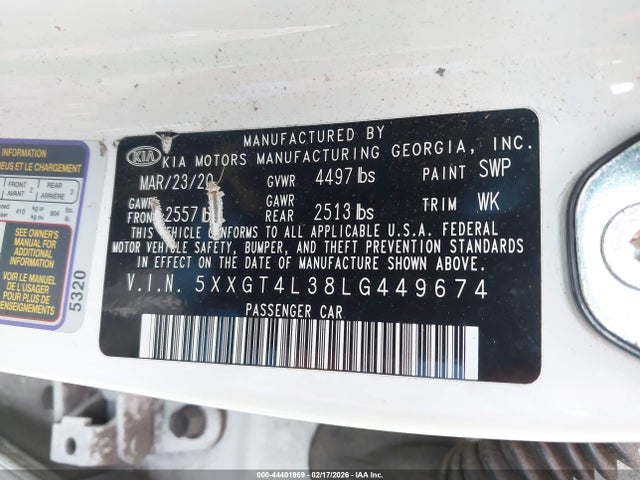 44401969 :رقم المزاد ، 5XXGT4L38LG449674 vin ، 2020 Kia Optima S مزاد بيع