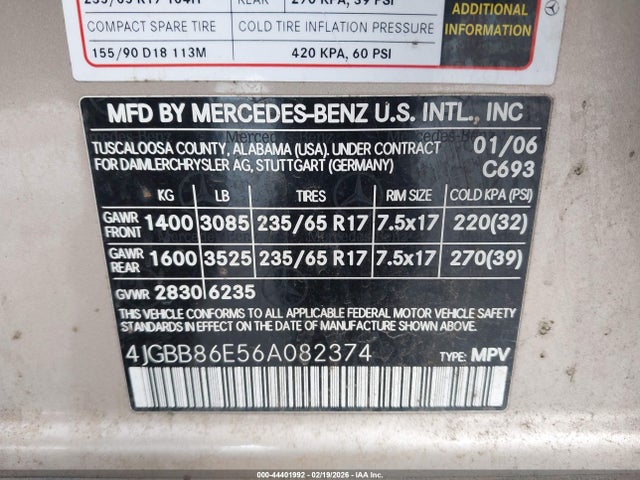 44401992 :رقم المزاد ، 4JGBB86E56A082374 vin ، 2006 Mercedes-benz Ml 350 4matic مزاد بيع