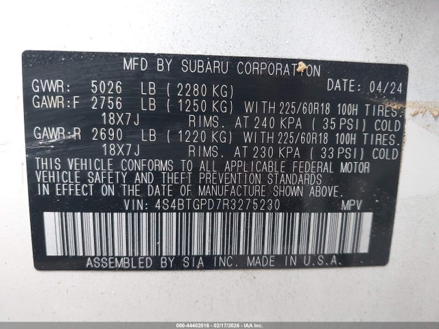 44402016 :رقم المزاد ، 4S4BTGPD7R3275230 vin ، 2024 Subaru Outback Touring Xt مزاد بيع