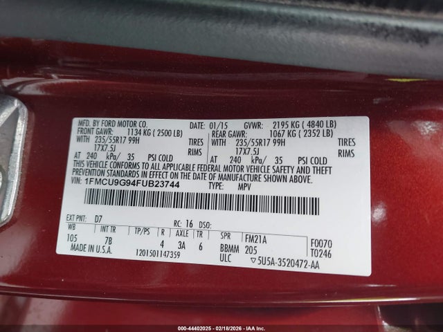 44402025 :رقم المزاد ، 1FMCU9G94FUB23744 vin ، 2015 Ford Escape Se مزاد بيع