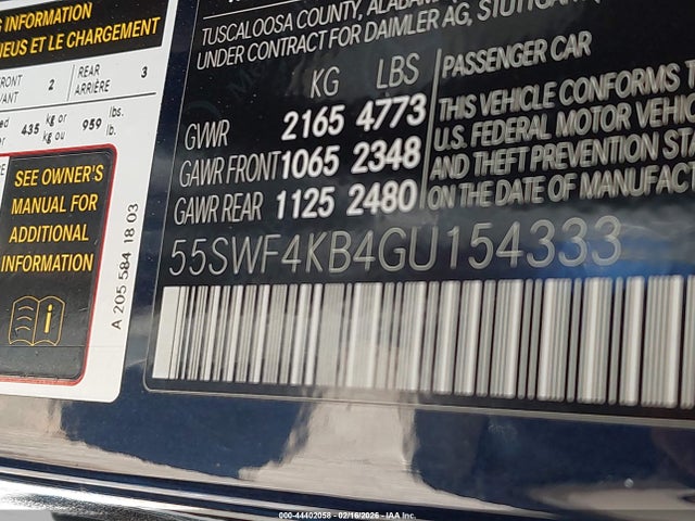 2016 Mercedes-benz C 300 4matic მანქანა იყიდება აუქციონზე, vin: 55SWF4KB4GU154333, აუქციონის ნომერი: 44402058