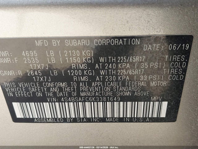 4S4BSAFC6K3381649 Subaru Outback 2.5i Premium