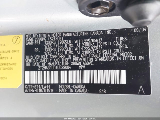 44402127 :رقم المزاد ، 2T2HA31U04C039004 vin ، 2004 Lexus Rx 330 مزاد بيع