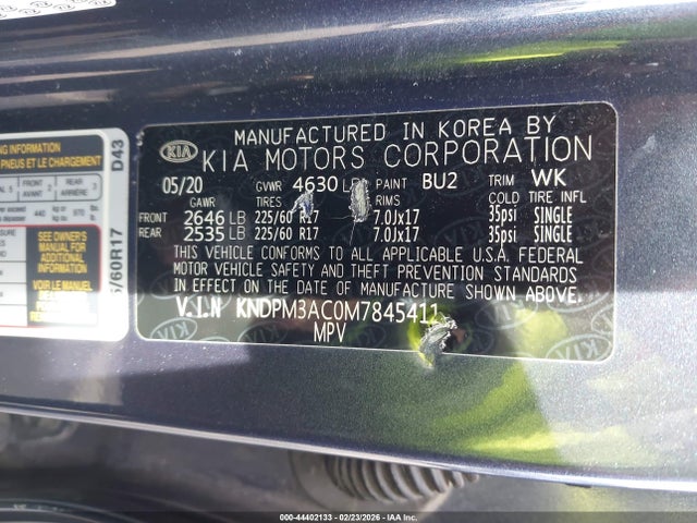 KNDPM3AC0M7845411 KIA Sportage Lx