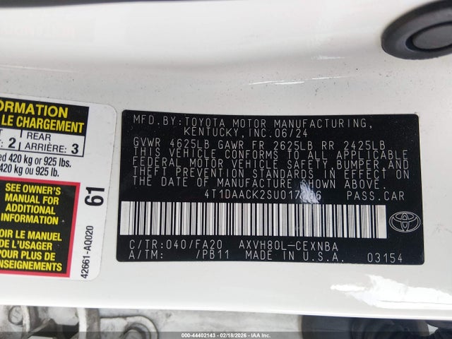 2025 Toyota Camry Le მანქანა იყიდება აუქციონზე, vin: 4T1DAACK2SU017066, აუქციონის ნომერი: 44402143