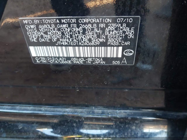 Продажа на аукционе авто 2010 Lexus Es 350, vin: JTHBK1EG1A2406839, номер лота: 44402201