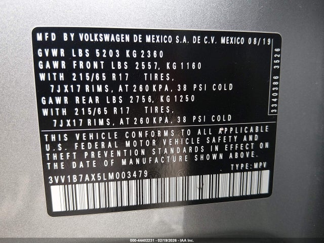 3VV1B7AX5LM003479 Volkswagen Tiguan 2.0t S