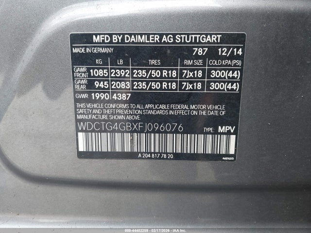 Aukcja sprzedaży 2015 Mercedes-benz Gla 250 4matic, vin: WDCTG4GBXFJ096076, numer aukcji: 44402259