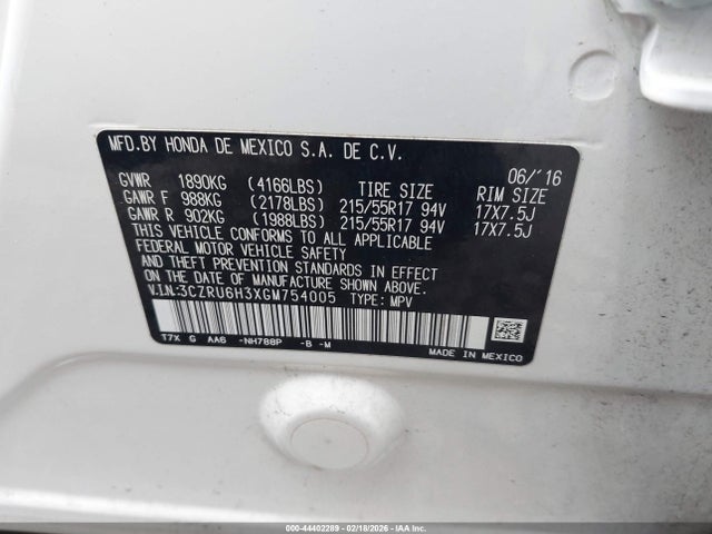 3CZRU6H3XGM754005 Honda HR-V LX