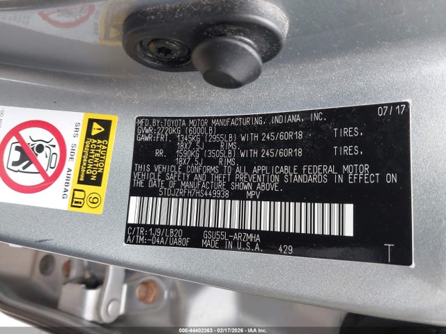 2017 Toyota Highlander Xle მანქანა იყიდება აუქციონზე, vin: 5TDJZRFH7HS449938, აუქციონის ნომერი: 44402363