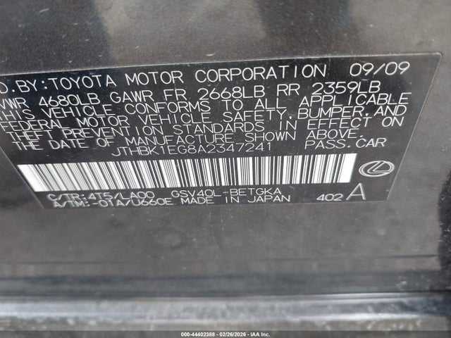 44402388 :رقم المزاد ، JTHBK1EG8A2347241 vin ، 2010 Lexus Es 350 مزاد بيع