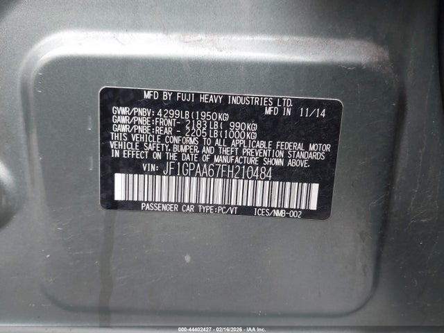 2015 Subaru Impreza 2.0i მანქანა იყიდება აუქციონზე, vin: JF1GPAA67FH210484, აუქციონის ნომერი: 44402427