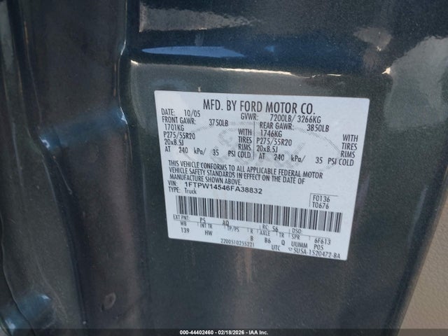 Aukcja sprzedaży 2006 Ford F-150 Fx4/lariat/xlt, vin: 1FTPW14546FA38832, numer aukcji: 44402460