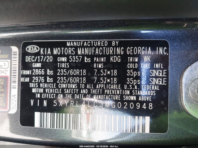 5XYRL4LC3MG020948 KIA SORENTO S