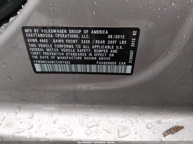 Продаж на аукціоні авто 2012 Volkswagen Passat 2.0l Tdi Se, vin: 1VWBN7A39CC097422, номер лоту: 44402524