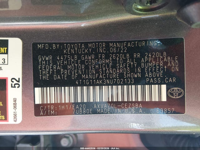 2022 TOYOTA CAMRY 4T1G11AK3NU702133 Photo 8