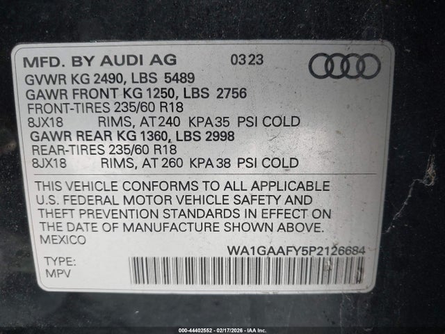 Aukcja sprzedaży 2023 Audi Q5 Premium 45 Tfsi S Line Quattro, vin: WA1GAAFY5P2126684, numer aukcji: 44402552