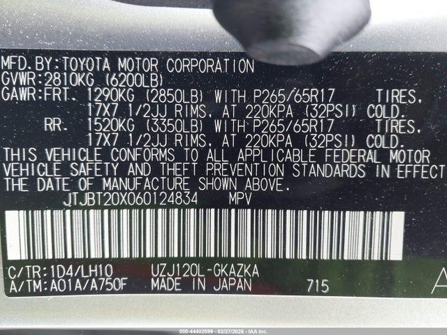 44402599 :رقم المزاد ، JTJBT20X060124834 vin ، 2006 Lexus Gx 470 مزاد بيع