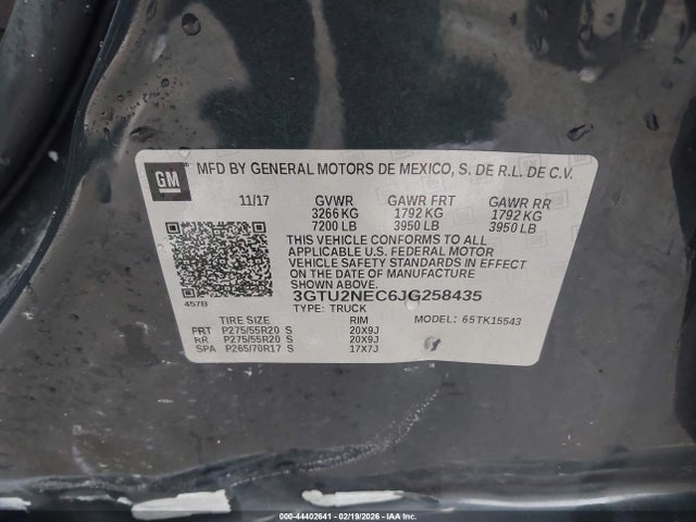 2018 Gmc Sierra 1500 Slt მანქანა იყიდება აუქციონზე, vin: 3GTU2NEC6JG258435, აუქციონის ნომერი: 44402641