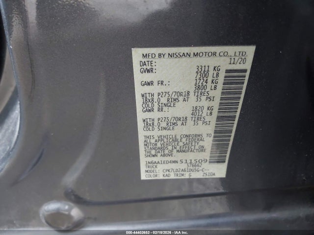 Auction sale of the 2021 Nissan Titan Pro-4x 4x4, vin: 1N6AA1ED4MN511509, lot number: 44402652