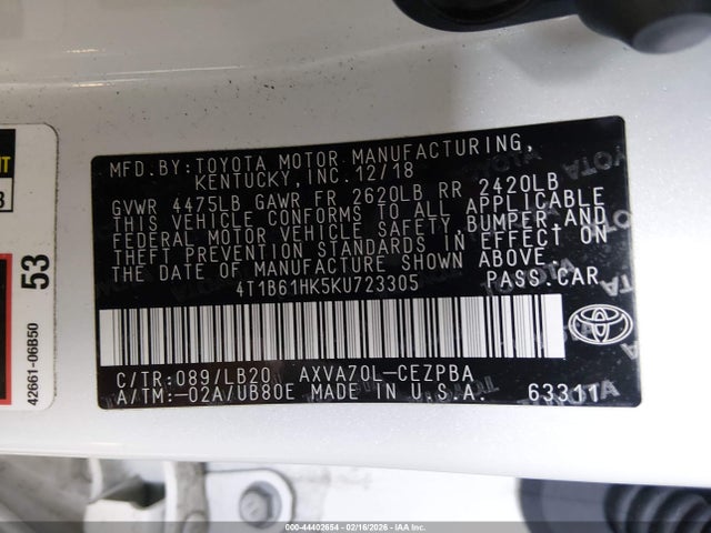 4T1B61HK5KU723305 Toyota CAMRY XSE
