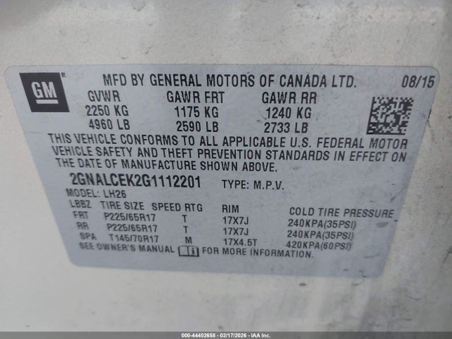 Chevrolet EQUINOX LT 2016 2GNALCEK2G1112201 Image 9