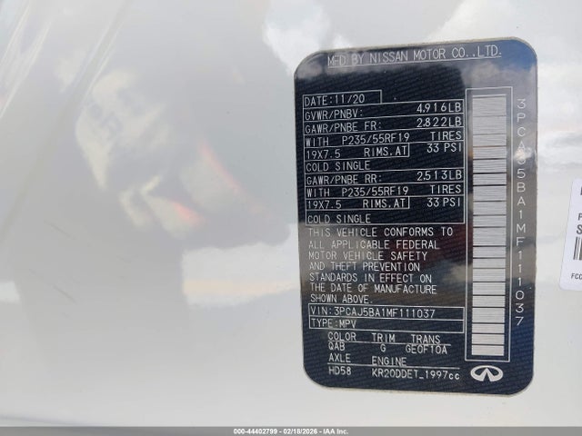 3PCAJ5BA1MF111037 Infiniti Qx50 Luxe