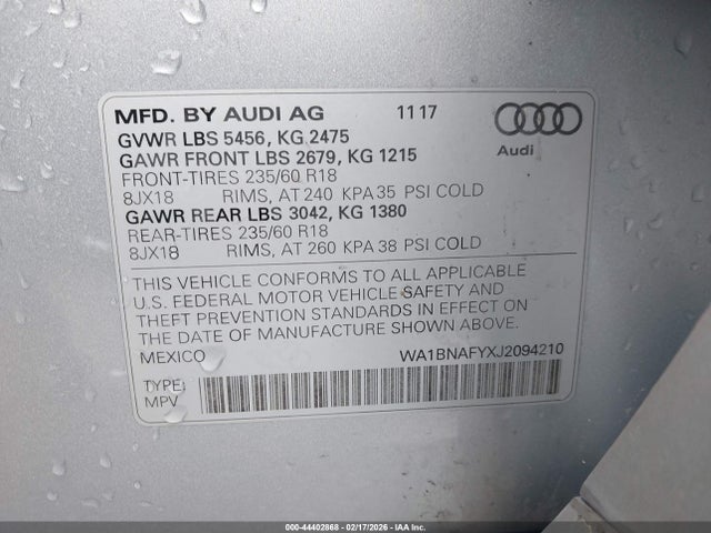 44402868 :رقم المزاد ، WA1BNAFYXJ2094210 vin ، 2018 Audi Q5 2.0t Premium/2.0t Tech Premium مزاد بيع
