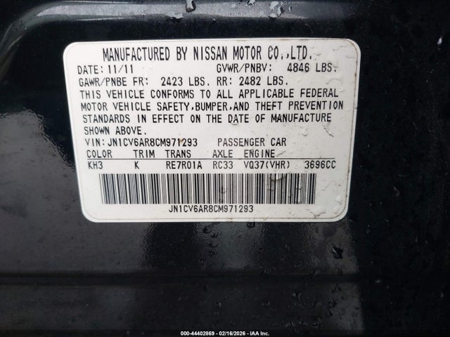 Aukcja sprzedaży 2012 Infiniti G37x, vin: JN1CV6AR8CM971293, numer aukcji: 44402869