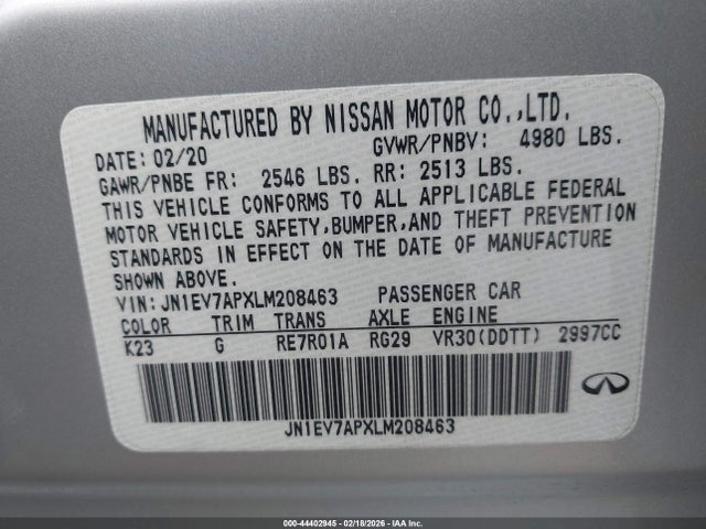 Aukcja sprzedaży 2020 Infiniti Q50 Luxe, vin: JN1EV7APXLM208463, numer aukcji: 44402945