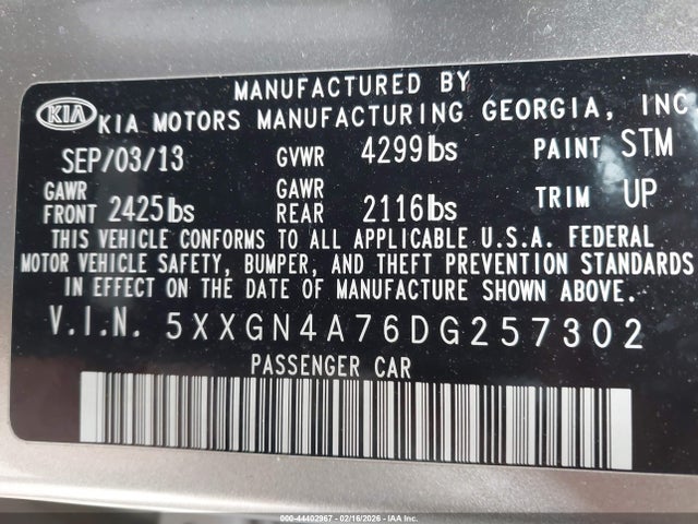 2013 Kia Optima Ex მანქანა იყიდება აუქციონზე, vin: 5XXGN4A76DG257302, აუქციონის ნომერი: 44402967