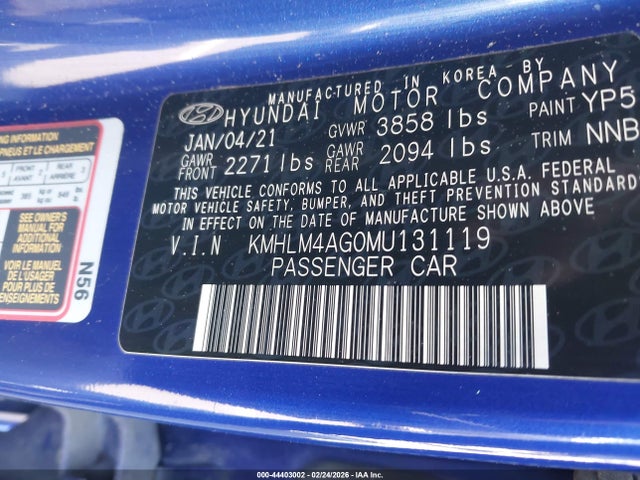 44403002 :رقم المزاد ، KMHLM4AG0MU131119 vin ، 2021 Hyundai Elantra Sel مزاد بيع