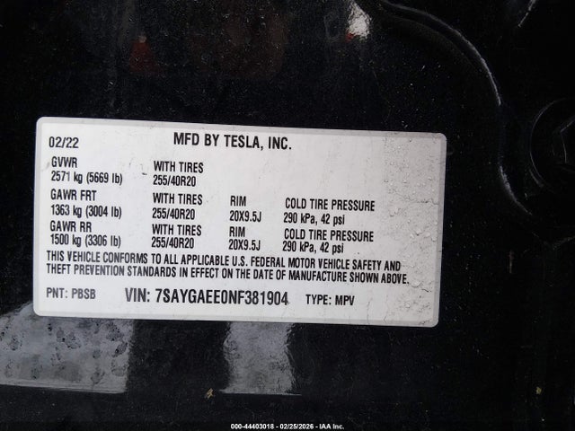 44403018 :رقم المزاد ، 7SAYGAEE0NF381904 vin ، 2022 Tesla Model Y Long Range Dual Motor All-wheel Drive مزاد بيع