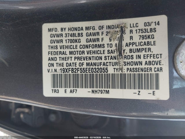 44403028 :رقم المزاد ، 19XFB2F55EE032055 vin ، 2014 Honda Civic Lx مزاد بيع
