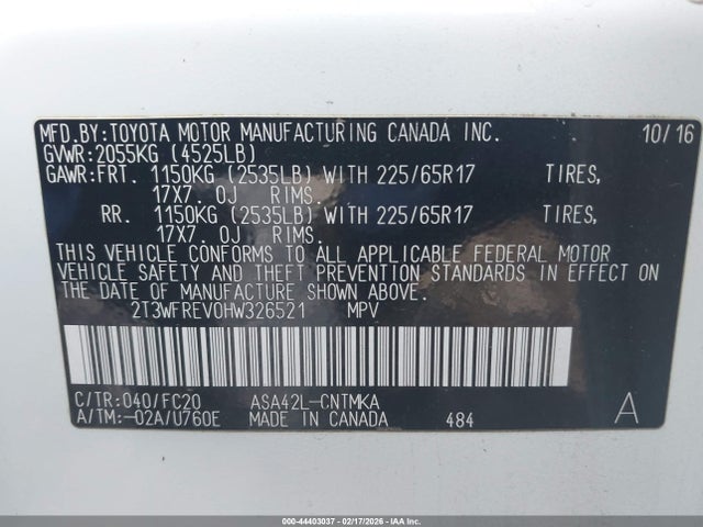 2T3WFREV0HW326521 Toyota Rav4 Xle