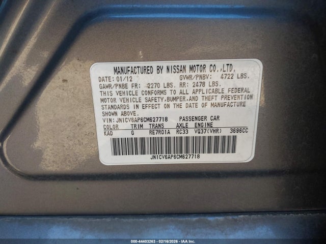 Продажа на аукционе авто 2012 Infiniti G37 Journey, vin: JN1CV6AP6CM627718, номер лота: 44403263