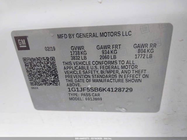 1G1JF5SB6K4128729 Chevrolet Sonic Premier Auto
