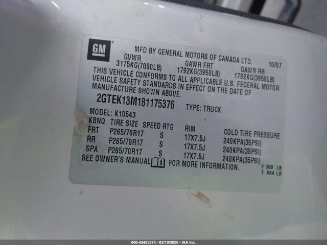 Aukcja sprzedaży 2008 Gmc Sierra 1500 Sle1, vin: 2GTEK13M181175376, numer aukcji: 44403274