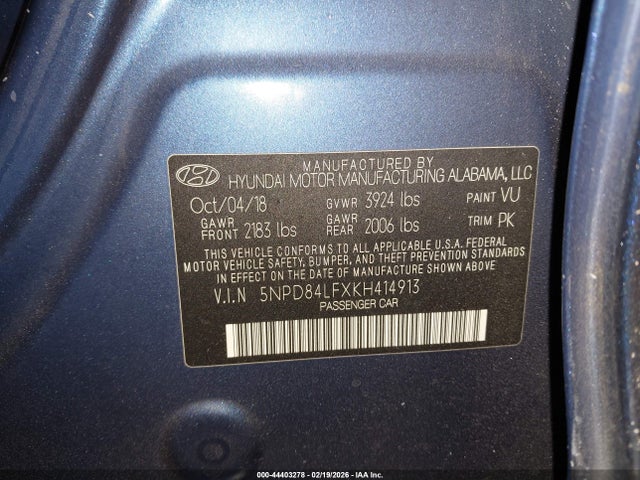 44403278 :رقم المزاد ، 5NPD84LFXKH414913 vin ، 2019 Hyundai Elantra Sel مزاد بيع